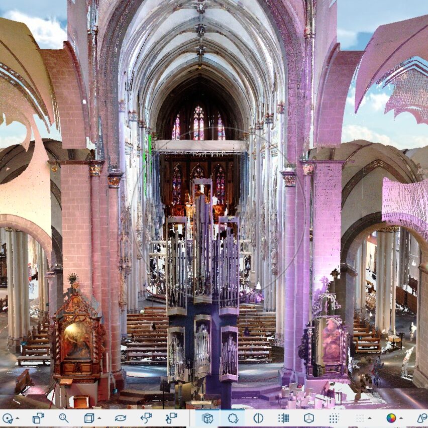 Schnittansicht des Innenraums im Xantener Dom als RGB-farbtexturierte 3D-Punktwolke – präzises Laserscanning für Bestandsdokumentation