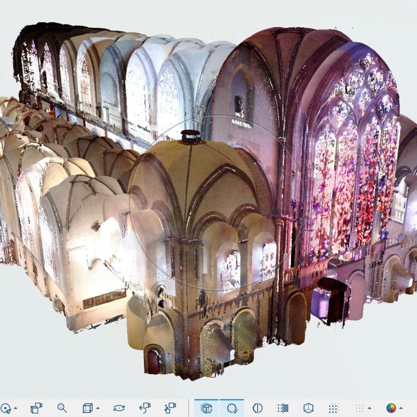 RGB-farbtexturierte 3D-Punktwolke des Innenraums und der Gewölbe im Xantener Dom